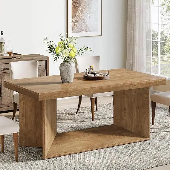 63-Inch Dining Table for 4-6, Farmhouse Kitchen Table with Heavy Duty Pedestal, Rectangular Wooden Dinner Furniture