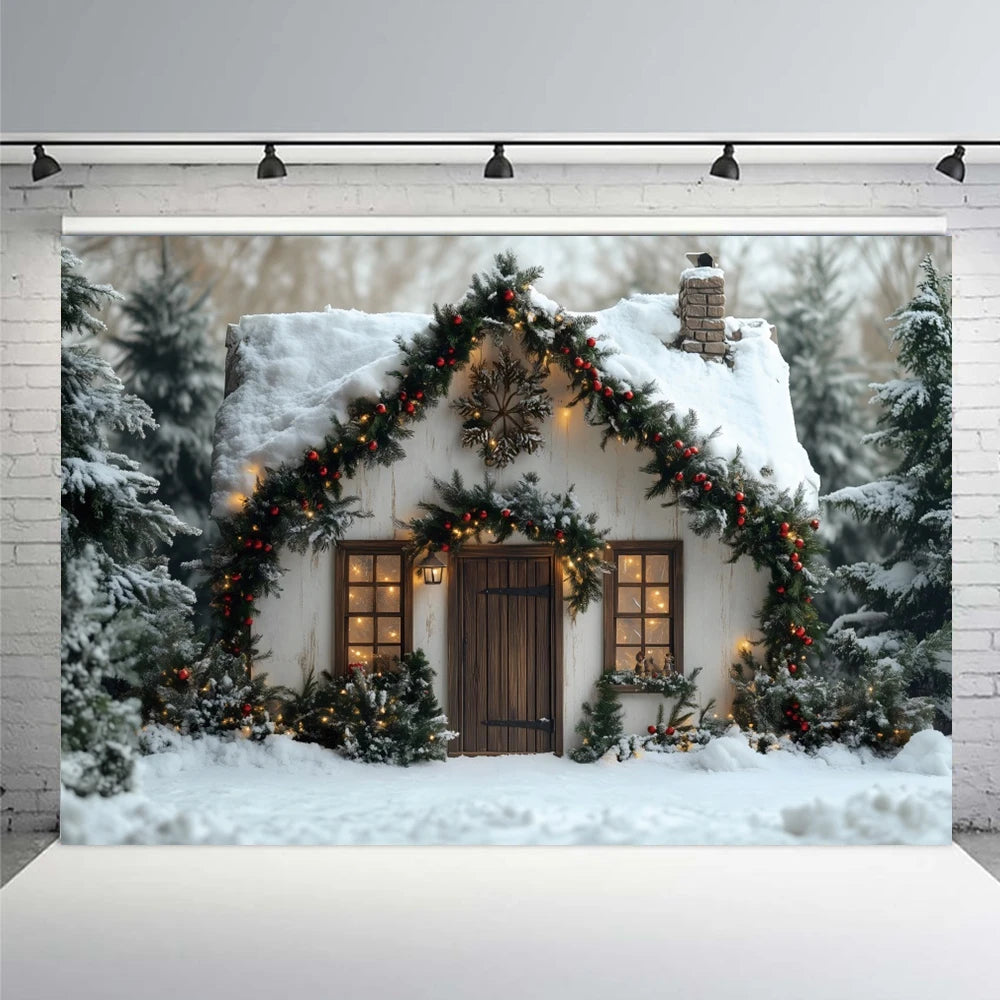 Winter Snow Christmas Wooden House Background Photography Flash Cottage Pine Tree Forest Kids Family Portrait Backdrop Studio