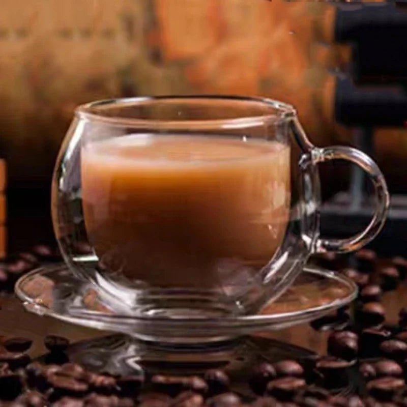 150/300ml Double Wall Glass Coffee Cup with Saucers and Spoon Heat Resistant Espresso Cups