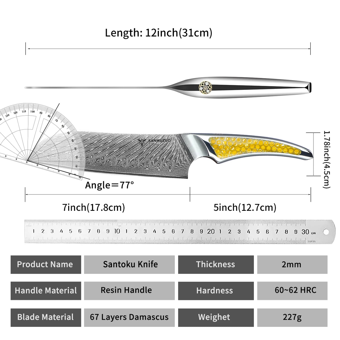 SANMUZUO 7 inch Santoku Knife -Damascus Steel Kitchen Knife,