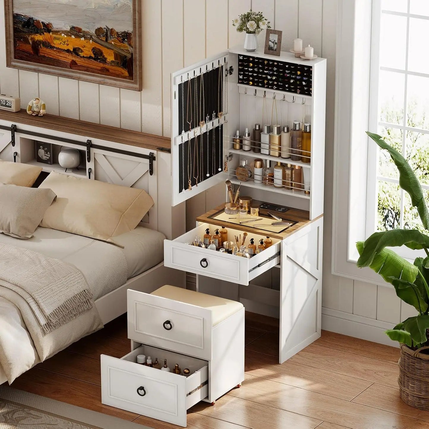 NEW Makeup Vanity Desk with Mirror and Lights,Small Vanity Desk Set with Charging Station,Compact Dressing Table, White