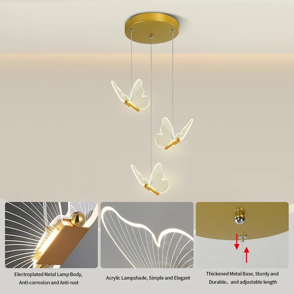 LED Modern 3-Head Butterfly Pendant Ceiling Light, Bedhead Indoor Living Room Dining Room Kitchen Decorative Lighting