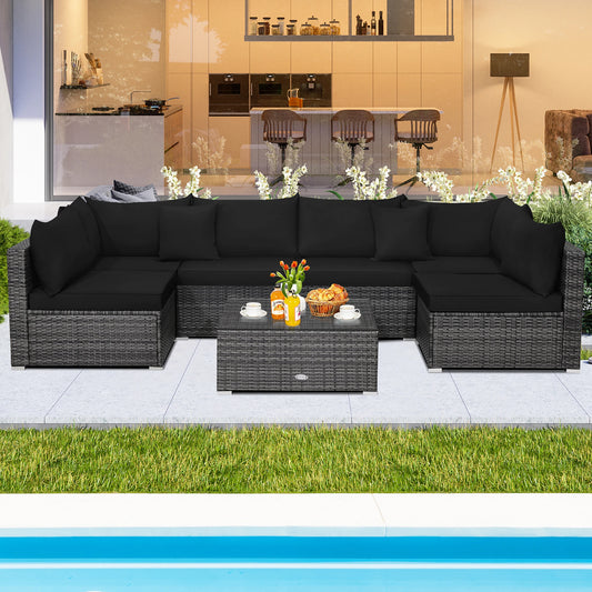 7PCS Patio Rattan Furniture Set Sectional Sofa Cushioned Garden Black