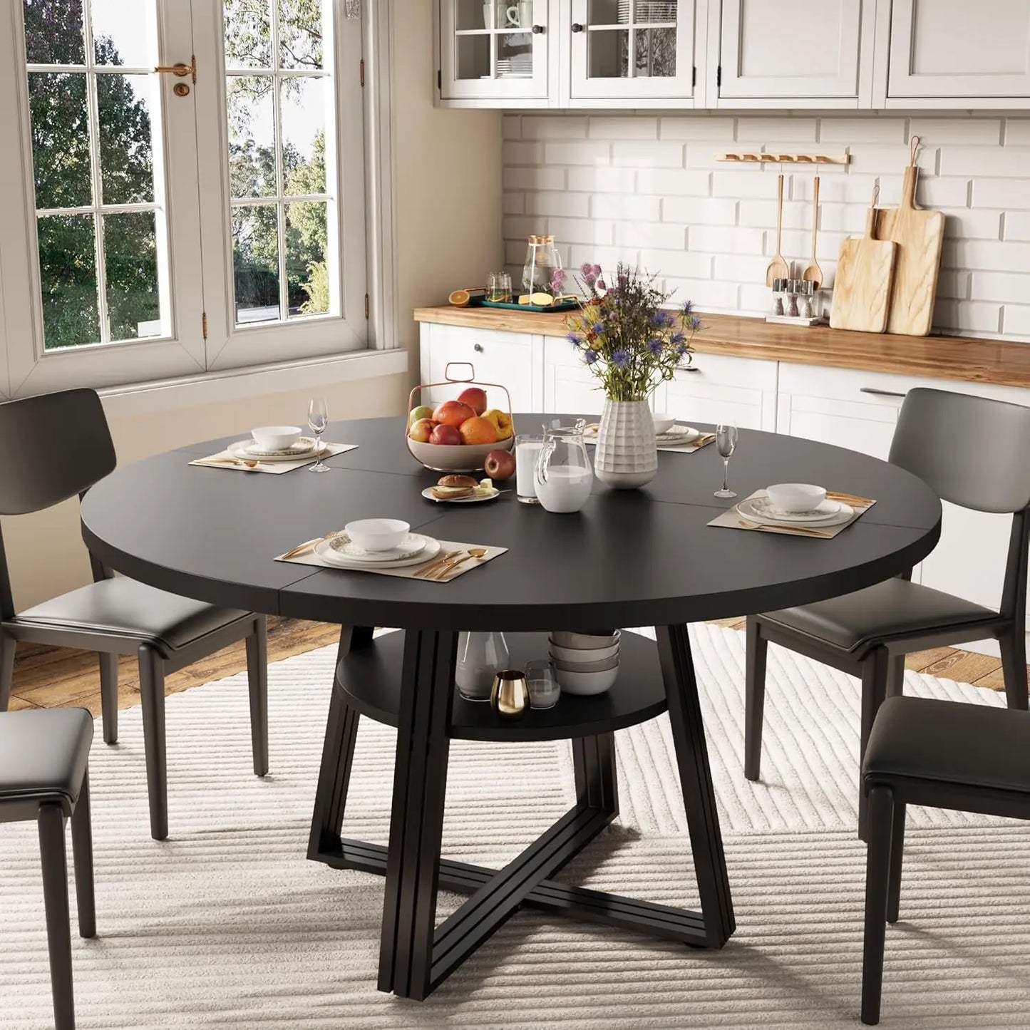 [ TABLE ONLY ] Round Dining Table for 4-6, 42" Farmhouse Kitchen Table with Storage, Circle Dinner Tables for Kitchen, Dining Ro