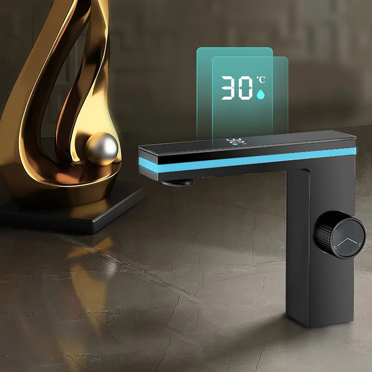 Digital Display Bathroom Washbasin Faucet Smart LED Brass Countertop Washbasin Hot and Cold Water