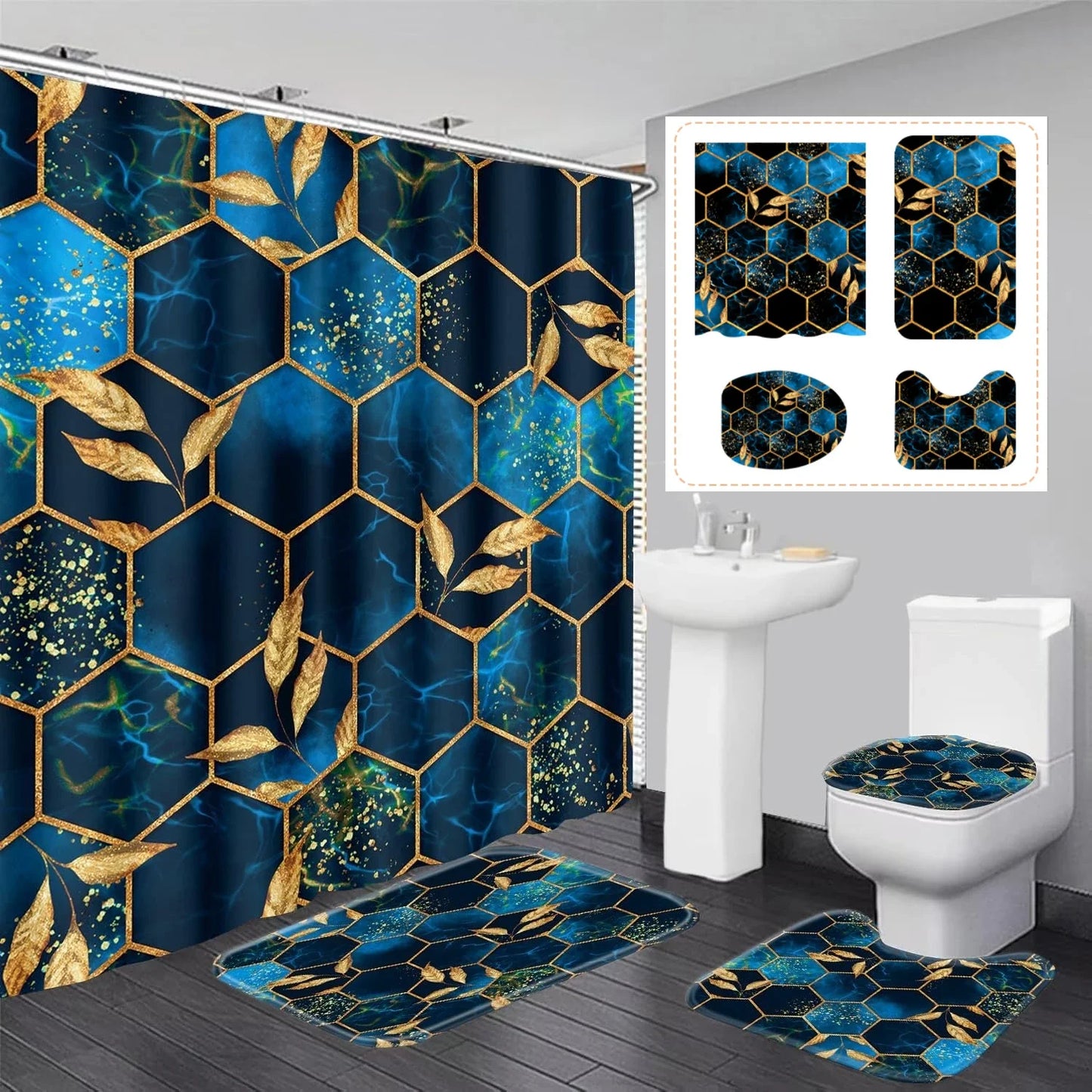 4pcs Set Doormat Shower Curtain with Non-Slip Rugs Toilet Seat Cover Bath Carpet Durable Waterproof Bathroom