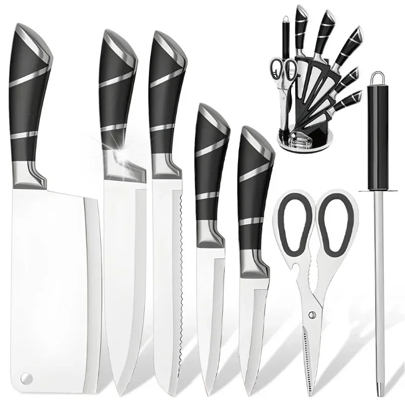 Kitchen Knife Set 9pcs Stainless Steel Sharp Non-Stick Coated Chef Knives with Sharpener