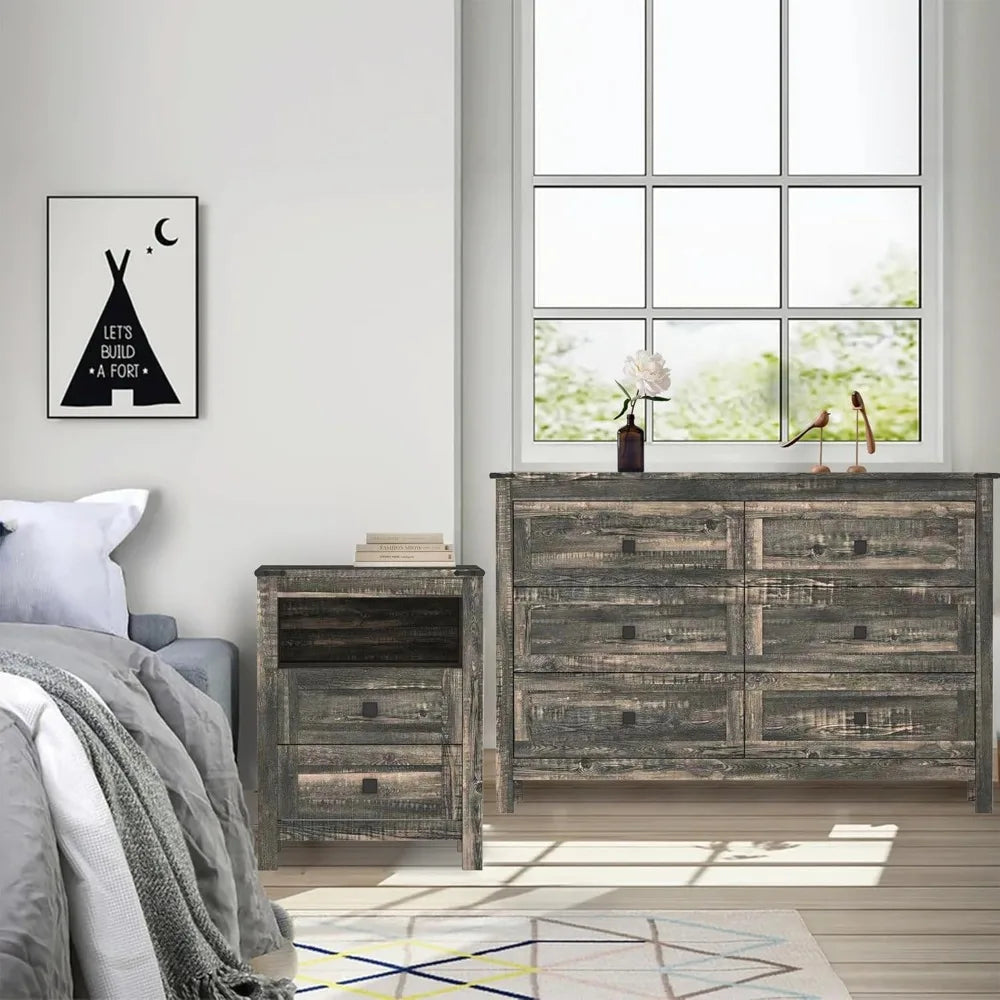 Farmhouse Bedroom Set, 3 Pieces Bedroom Furniture Set, Rustic Wood 6 Drawer Dresser and Nightstands