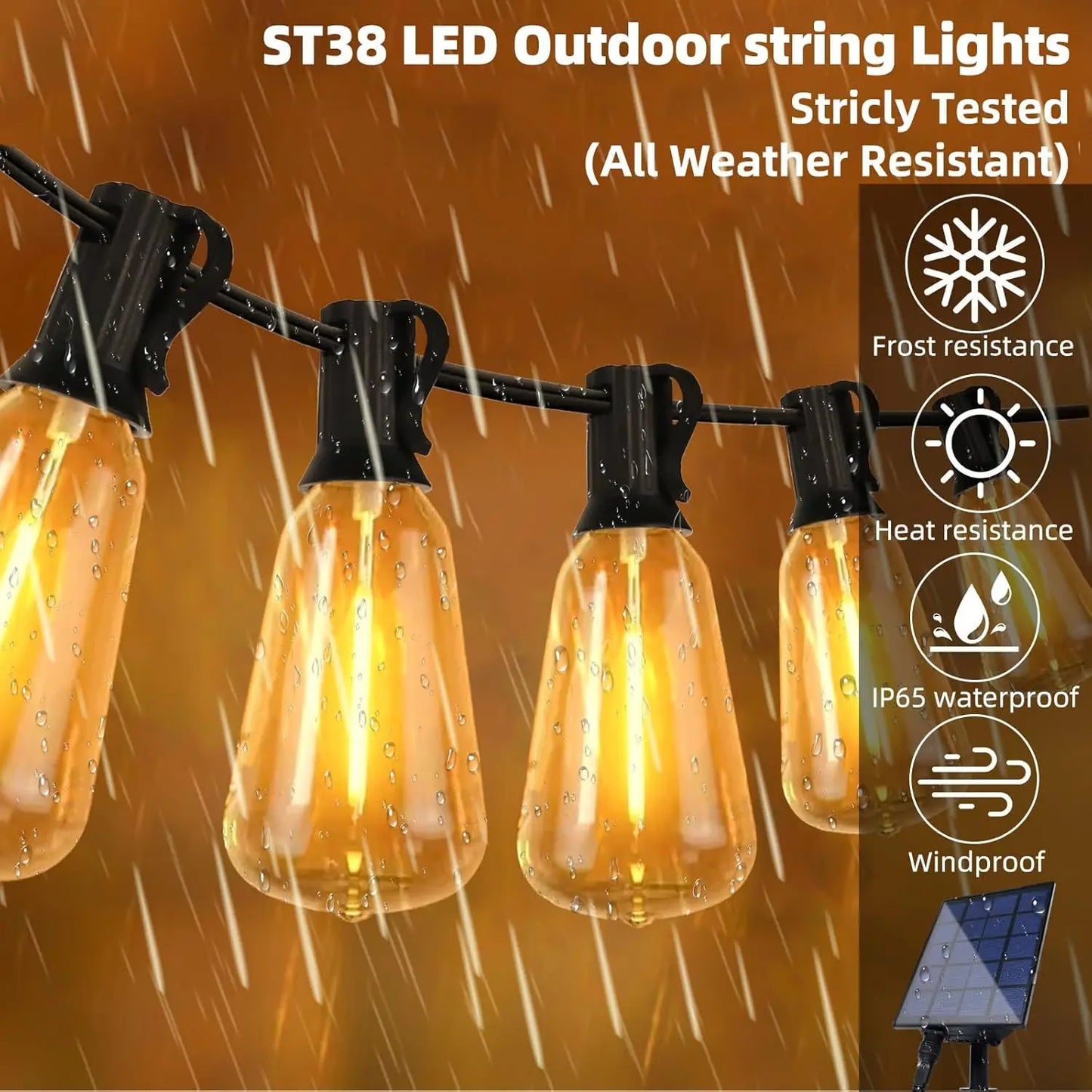 50FT Solar String Lights Waterproof with Remote ST38 LED Dimmable Globe Outdoor Lights for Patio Outdoor with 15/ 30 Lights