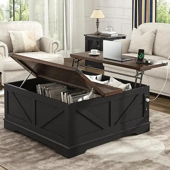 40” Large Farmhouse Lift Top Coffee Table with Power Outlets and Large Hidden Storage, Square Wood Living Room Tables, Multi-Fun