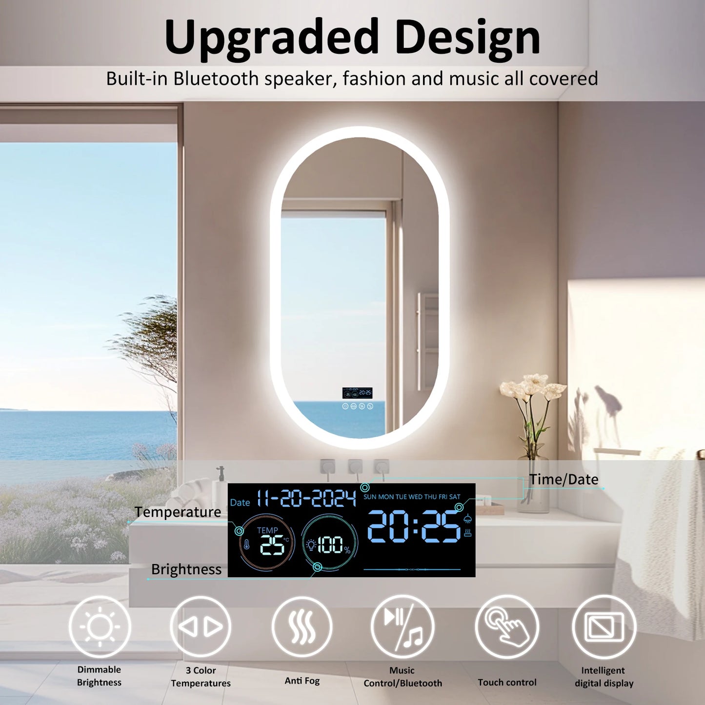 LUVODI 20x32” Led Lighted Bluetooth Bathroom Mirror Backlit Illuminate Dimming Vanity Mirror with Time Date Display Anti-fog