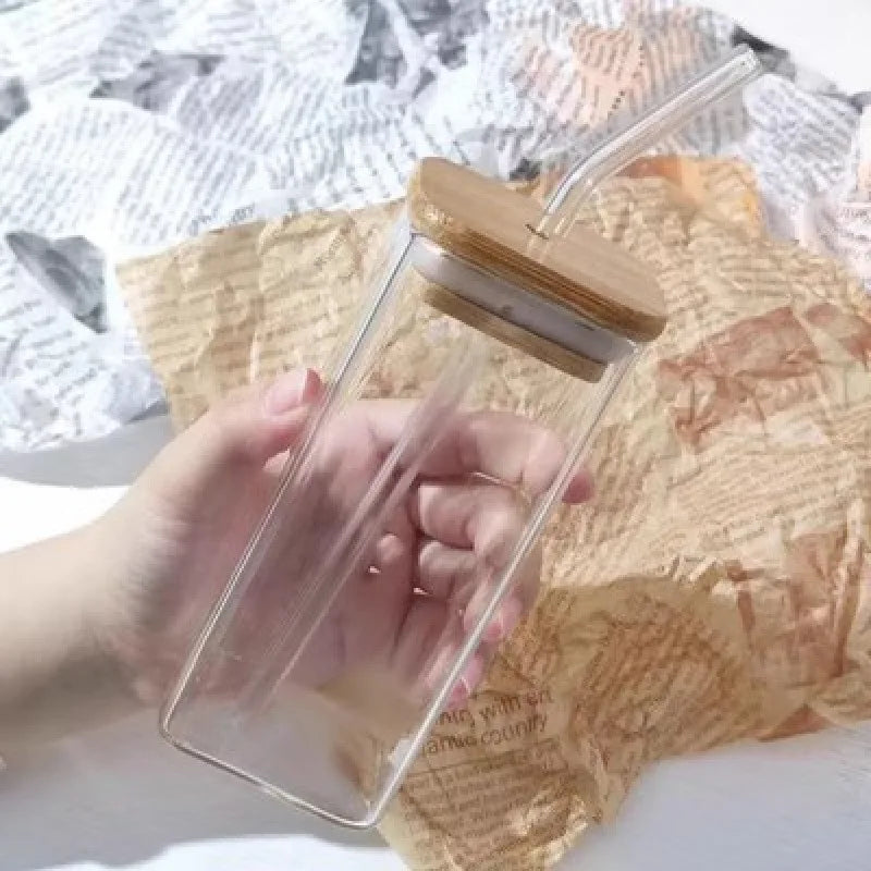1pc Square Glass Coffee Mug with Lid & Straw Transparent Drinkware