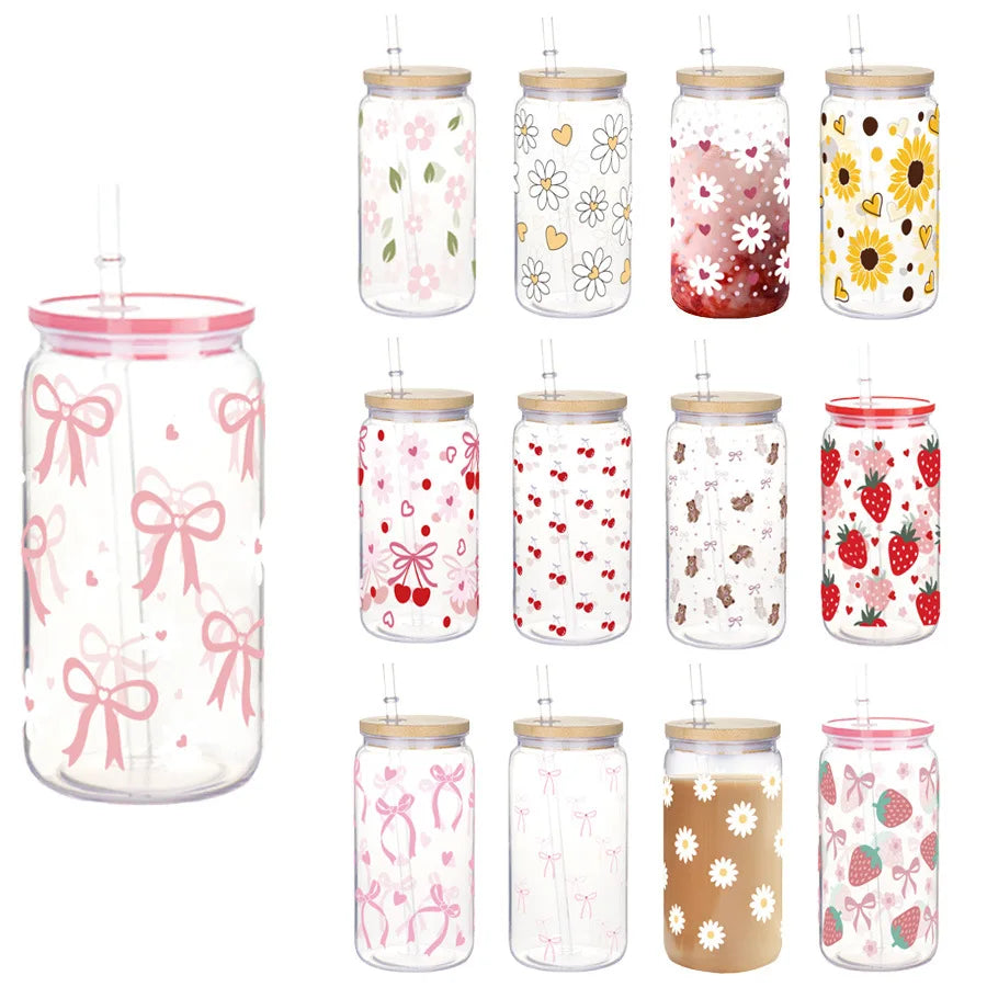 16oz Cute Bow Plastic Cup with Lid Bow Cherry Graffiti Pattern Water Bottle