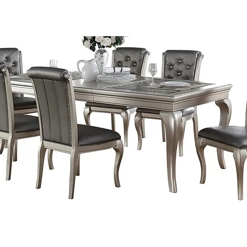 7pc Rect. Glass Dining Table Set w/ Silver Hue & 6 Tufted Side Chairs for Dining Room