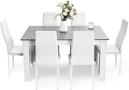 Dining Table and Chairs Set 6, 7 Pieces Kitchen Table Set with High Back Faux Leather Chair for Dining Room Kitchen Rectangular