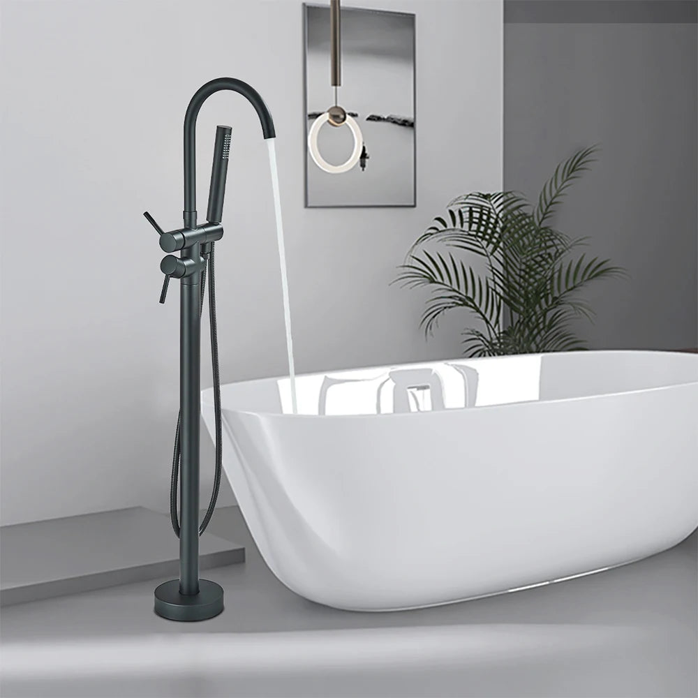 Black Bathroom  Bathtub Faucet With Hand Shower  Hot and Cold Faucet Floor Mounted Tub