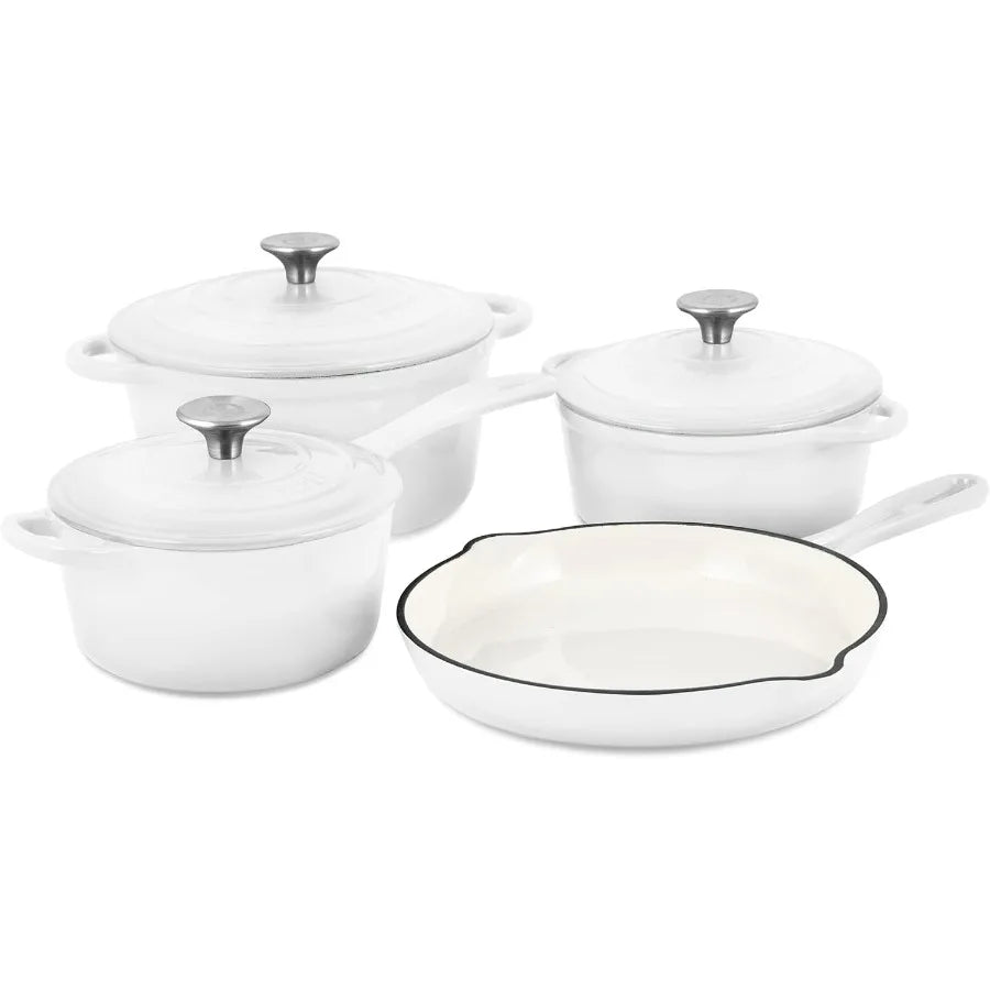 Enameled Cast Iron Cookware Set Blanc White 7Piece Set Nonstick Oversized Handles Oven Safe; 10.25 Skillet 2QT Saucepan 2.25QT