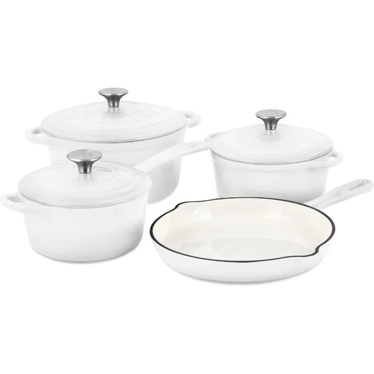 Enameled Cast Iron Cookware Set Blanc White 7Piece Set Nonstick Oversized Handles Oven Safe; 10.25 Skillet 2QT Saucepan 2.25QT
