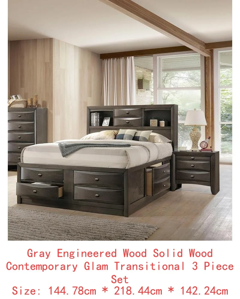 Contemporary Queen Bed with 2 Nightstands and Bookcase Headboard in Gray - 3 Piece Bedroom Furniture Set