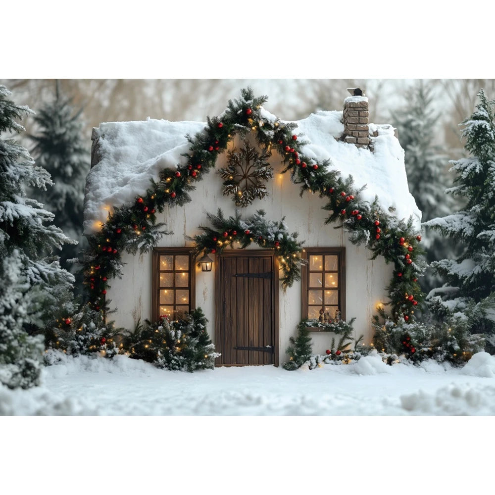 Winter Snow Christmas Wooden House Background Photography Flash Cottage Pine Tree Forest Kids Family Portrait Backdrop Studio