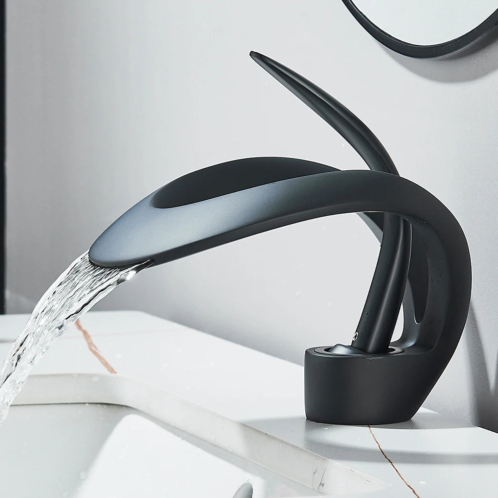 Solid Brass Waterfall Basin Faucet Single Handle Hot Cold Water Mixer Tap For Bathroom Sink