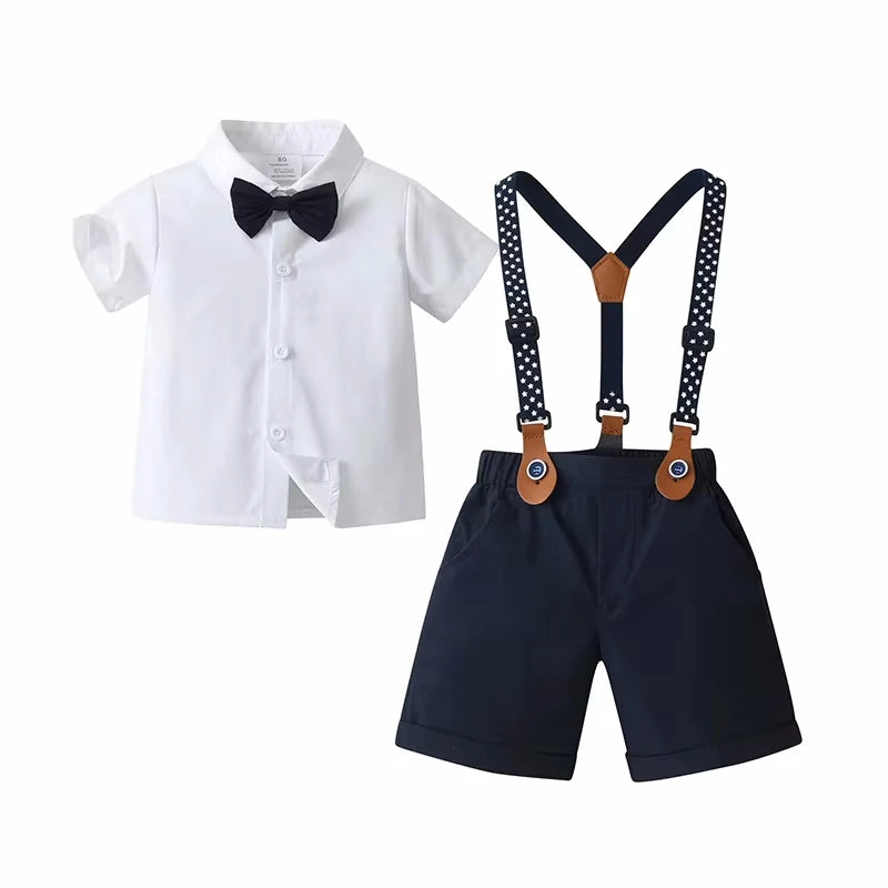 1 2 3 4 5 6 Years Boy Wedding Summer Clothes Star Print Suspender Set Kid Cotton Solid T-shirt Shorts Children Toddler Suits