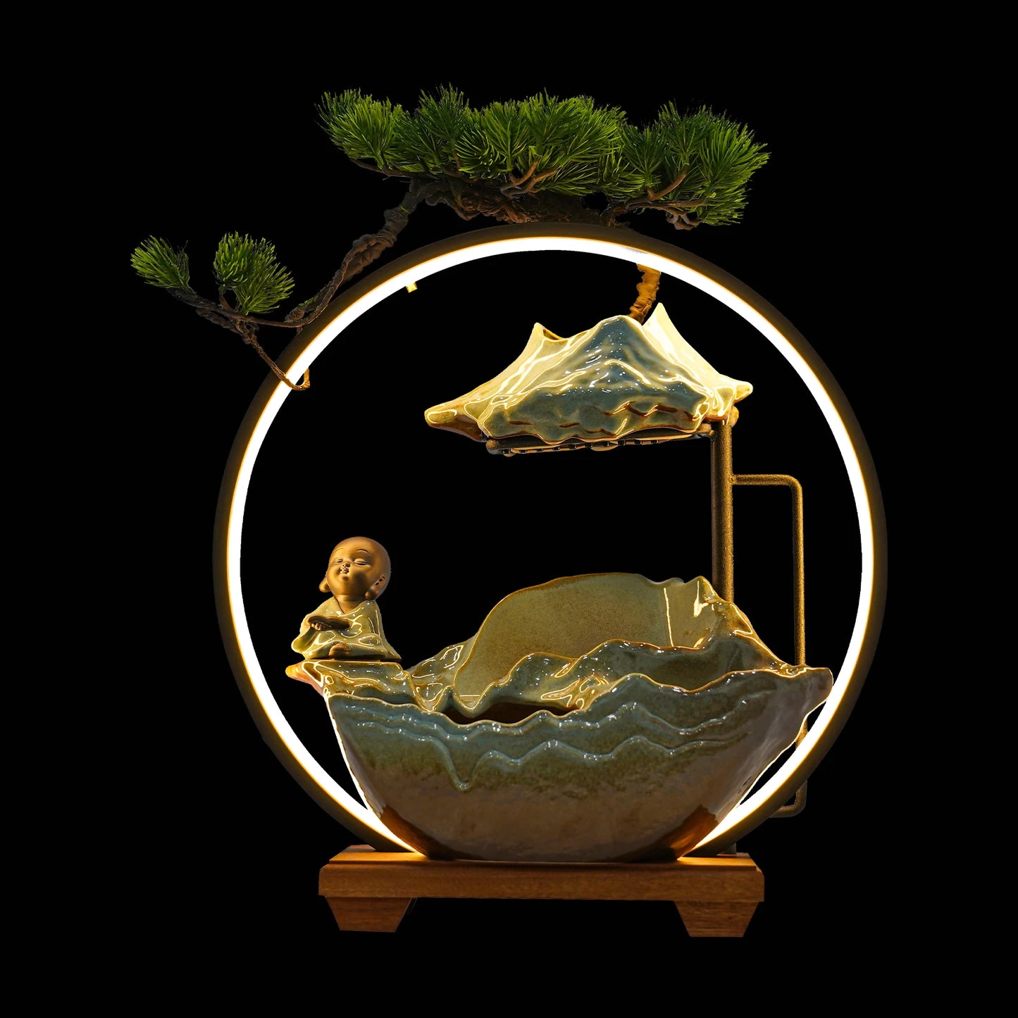 DC 24V Feng Shui Tabletop Water Fountain Indoor Waterfall with LED Mist Desk Fountain