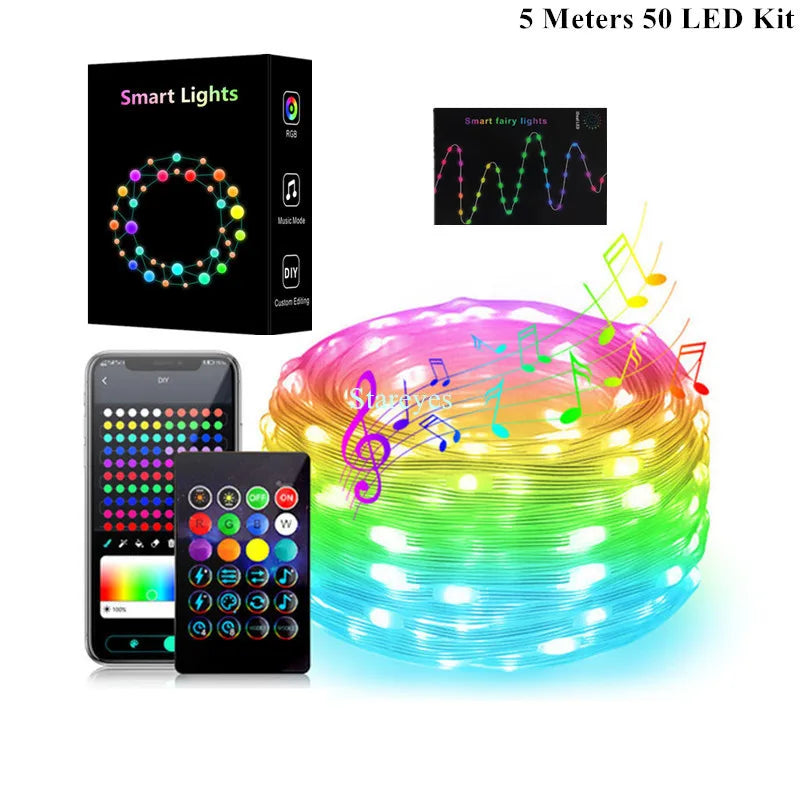 Smart RGB USB DC5V 5m 10m 15m 20m IP65 LED String WS2812B IC Magic color Bluetooth APP IR Remote Christmas Light RGB DIY Decor