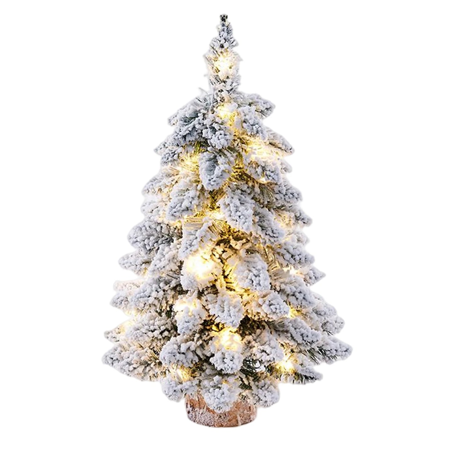 Christmas Flocked Mini Tree With Lights Snowflake Decorations Sturdy Wooden Base For Home