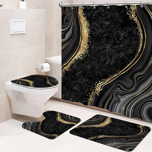 4pcs Set Doormat Shower Curtain with Non-Slip Rugs Toilet Seat Cover Bath Carpet Durable Waterproof Bathroom