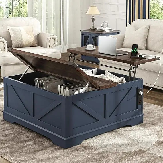 40” Large Farmhouse Lift Top Coffee Table with Power Outlets and Large Hidden Storage, Square Wood Living Room Tables, Multi-Fun