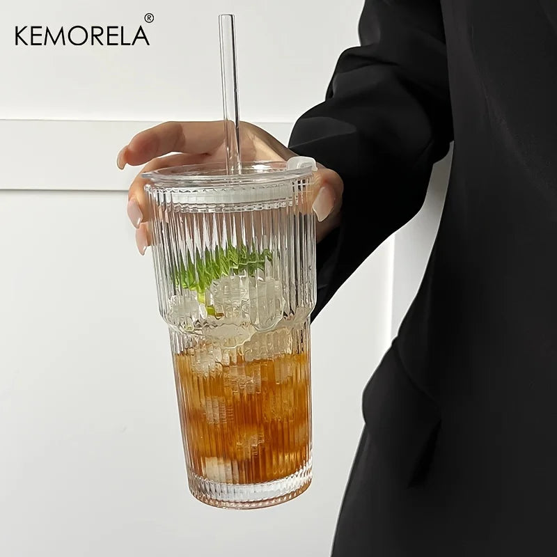 600ML Stripe Glass Coffee Cup With Lid and Without Cover Straw Transparent Drinking Glasses