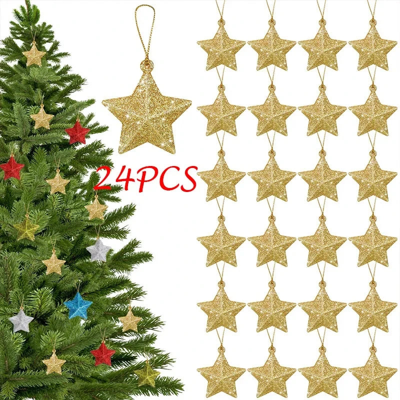 Gold Glitter Star Ornaments Christmas Tree Hanging Pendant 2025 Christmas Decorations for Home Navidad New Year Party DIY Gift
