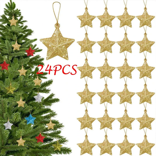 Gold Glitter Star Ornaments Christmas Tree Hanging Pendant 2025 Christmas Decorations for Home Navidad New Year Party DIY Gift