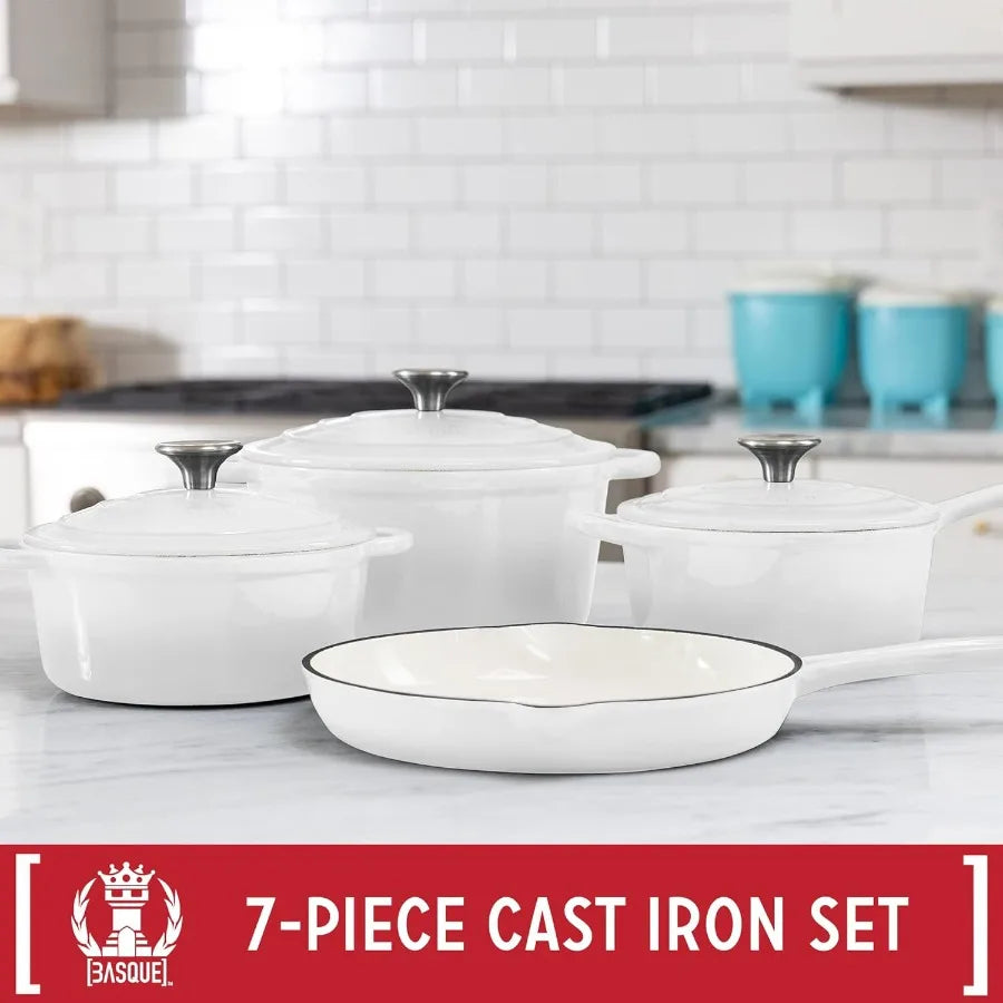 Enameled Cast Iron Cookware Set Blanc White 7Piece Set Nonstick Oversized Handles Oven Safe; 10.25 Skillet 2QT Saucepan 2.25QT