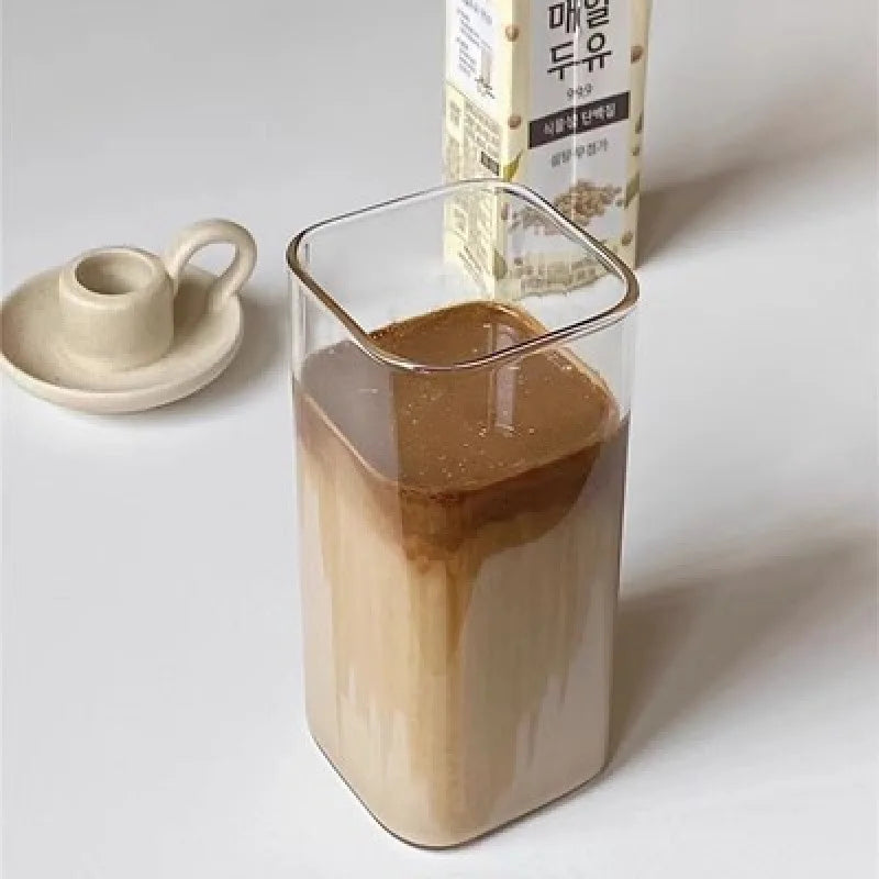 1pc Square Glass Coffee Mug with Lid & Straw Transparent Drinkware