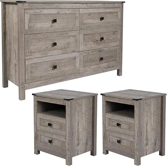 Farmhouse Bedroom Set, 3 Pieces Bedroom Furniture Set, Rustic Wood 6 Drawer Dresser