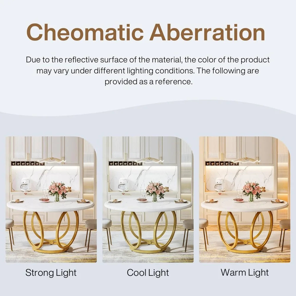 Round White Dining Table for 4, 47-Inch Large Kitchen Table with Gold Metal Base, Modern Dinner Room Table Coffee Ta