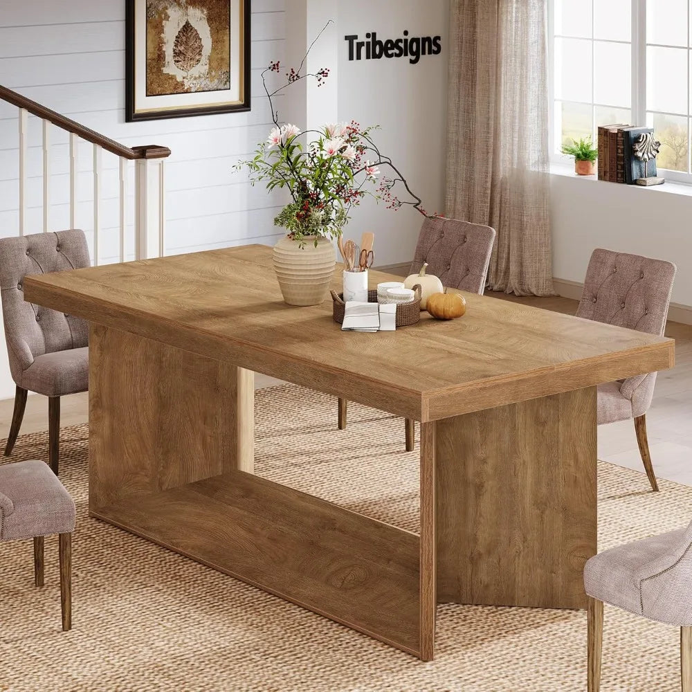 63-Inch Dining Table for 4-6, Farmhouse Kitchen Table with Heavy Duty Pedestal, Rectangular Wooden Dinner Furniture