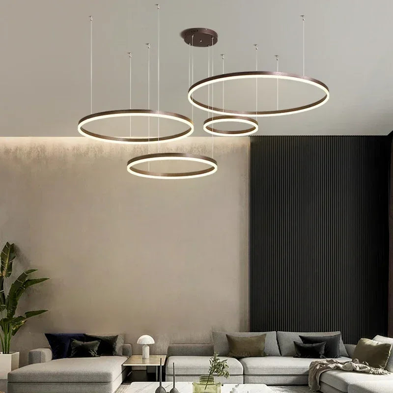 2025 Modern Led Ceiling Chandelier Home Brushed Round Rings Mounted Pendant Lighting Living Room Gold Coffee Color Hanging Lamp