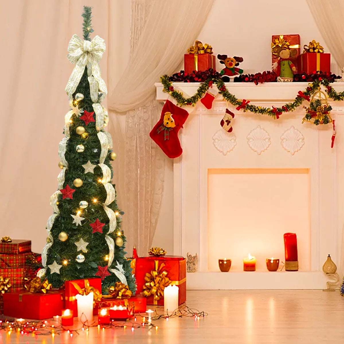 2025 Christmas Decoration 180/190cm Pre Lit Pop Up Artificial Christmas Tree 100/200 LED Lights Plug-In Power Party Home Decor