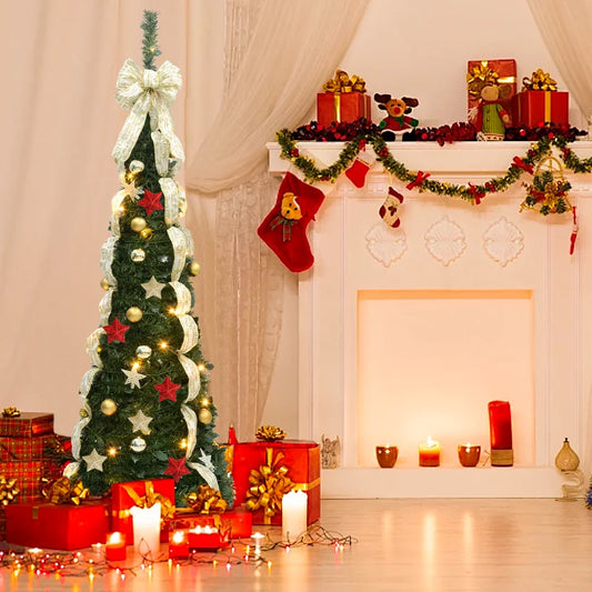 2025 Christmas Decoration 180/190cm Pre Lit Pop Up Artificial Christmas Tree 100/200 LED Lights Plug-In Power Party Home Decor