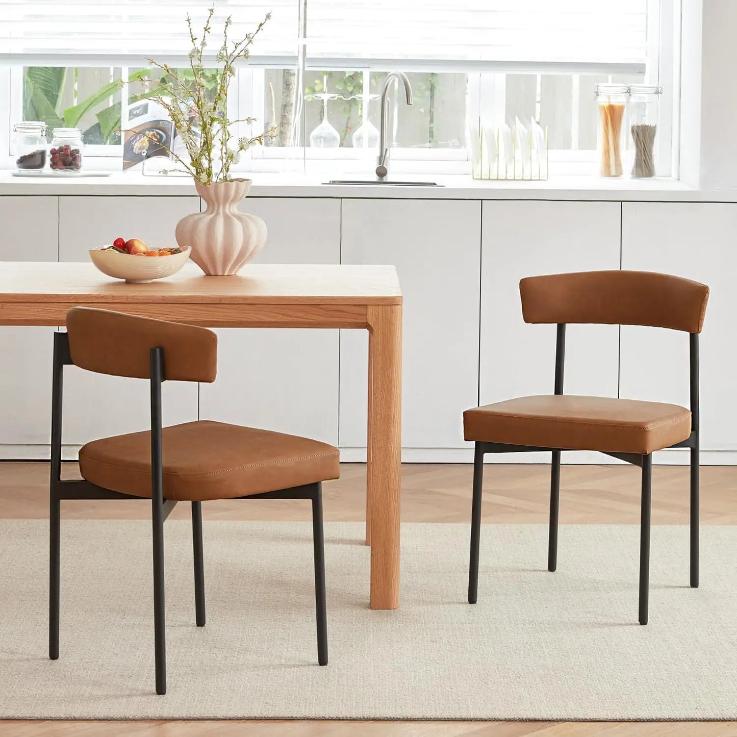 Brown Faux Leather Dining Chairs Set of 4, Armless Upholstered Kitchen Chair,Modern Dining Room Chair with Curved Backrest