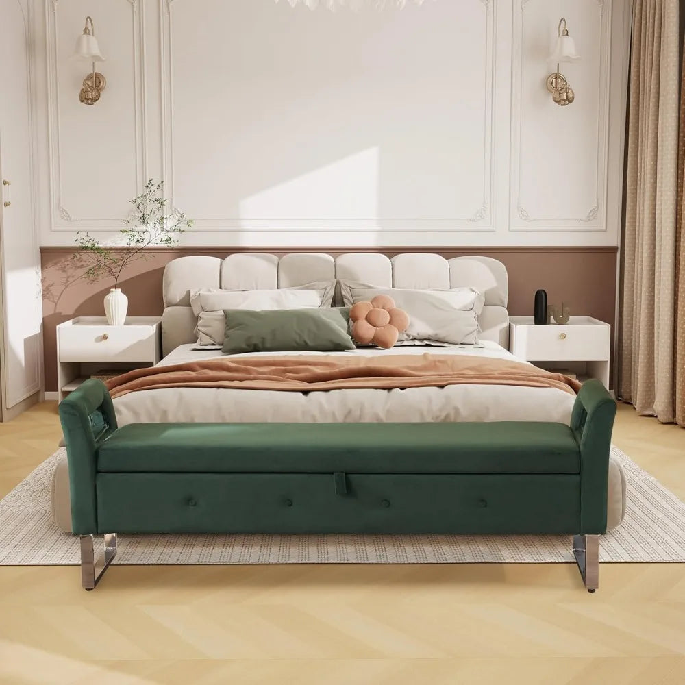 67.9” End of Bed Storage Bench King Size,Green Velvet Ottoman Bench for Bedroom & Entryway,Soft
