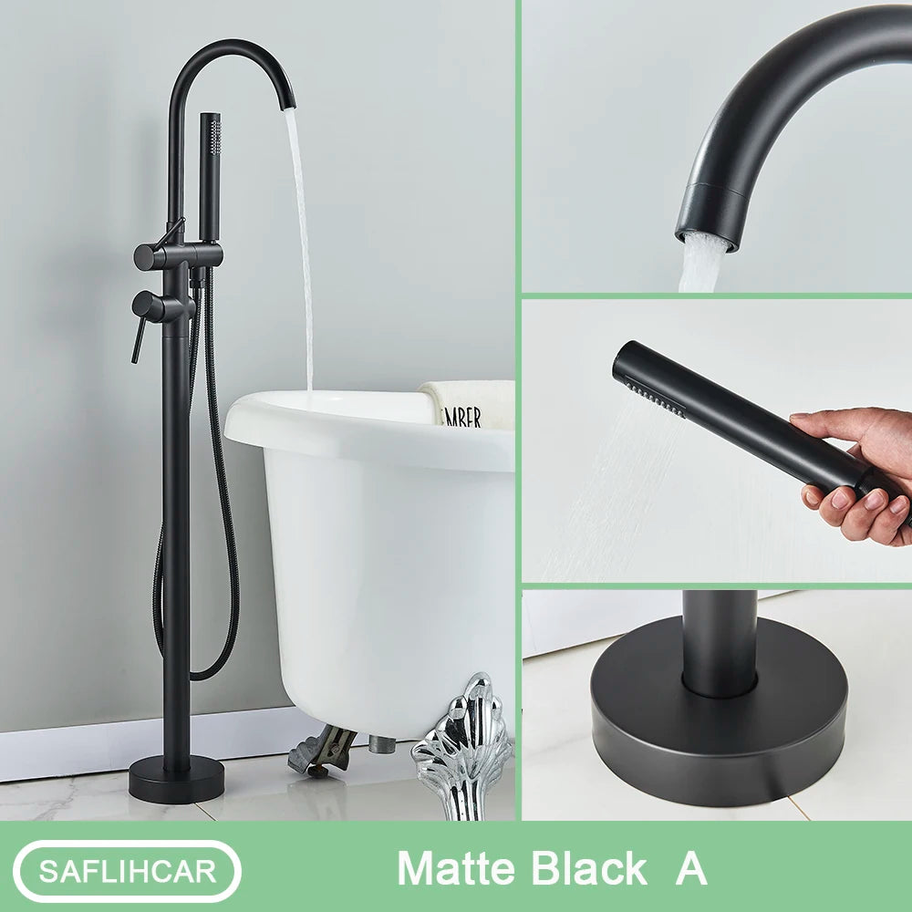 Black Bathroom  Bathtub Faucet With Hand Shower  Hot and Cold Faucet Floor Mounted Tub