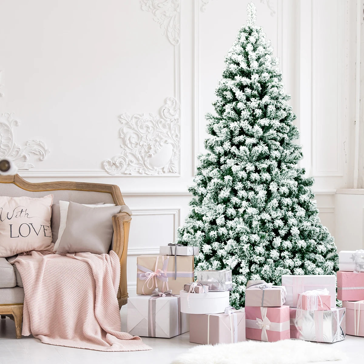 7.5Ft Pre-Lit Premium Snow Flocked Hinged Artificial Christmas Tree w/550 Lights