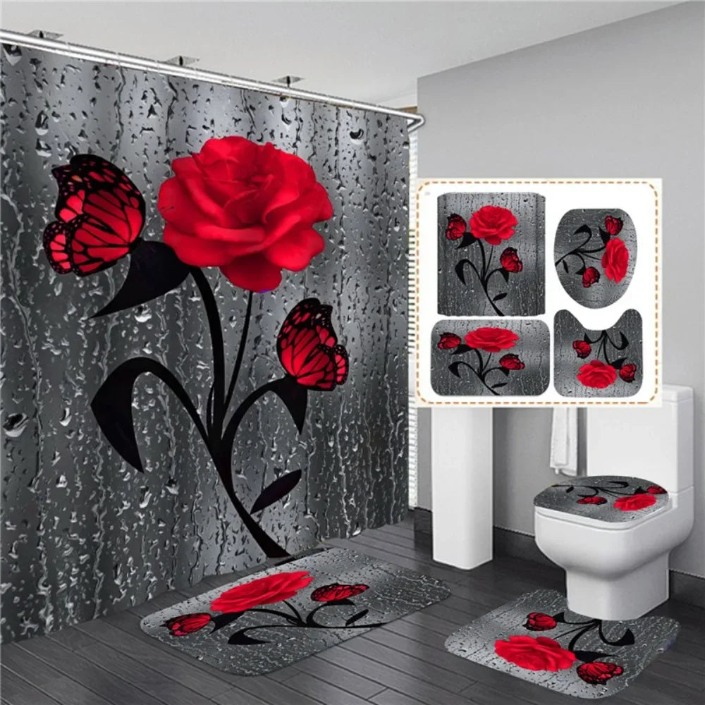 4pcs Set Doormat Shower Curtain with Non-Slip Rugs Toilet Seat Cover Bath Carpet Durable Waterproof Bathroom