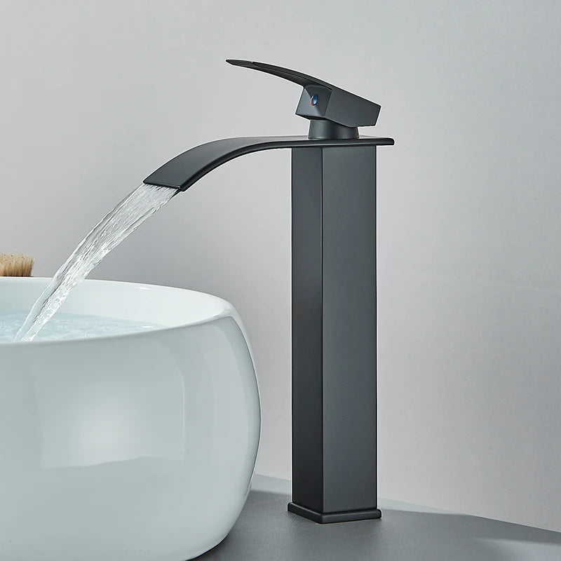 Matte Black Basin Faucet Deck Mounted Single Lever Bathroom Crane Waterfall Brass Bathroo