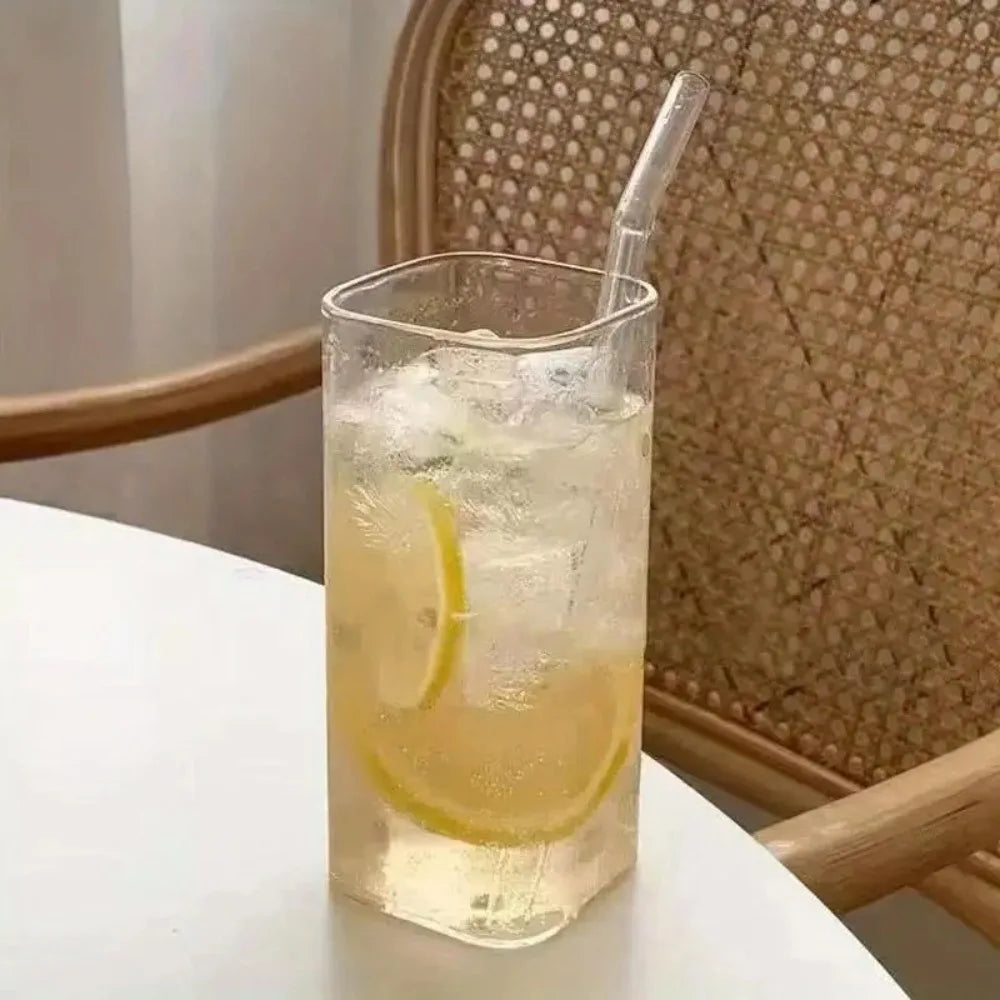 1pc Square Glass Coffee Mug with Lid & Straw Transparent Drinkware