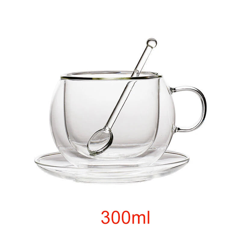 150/300ml Double Wall Glass Coffee Cup with Saucers and Spoon Heat Resistant Espresso Cups
